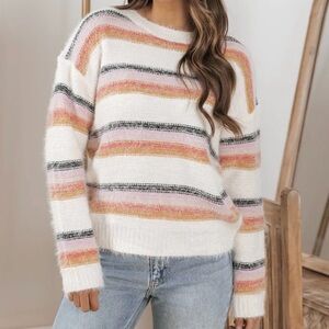Hem & Thread Eyelash Cozy White Multi Striped Long Sleeve Sweater Women’s L New